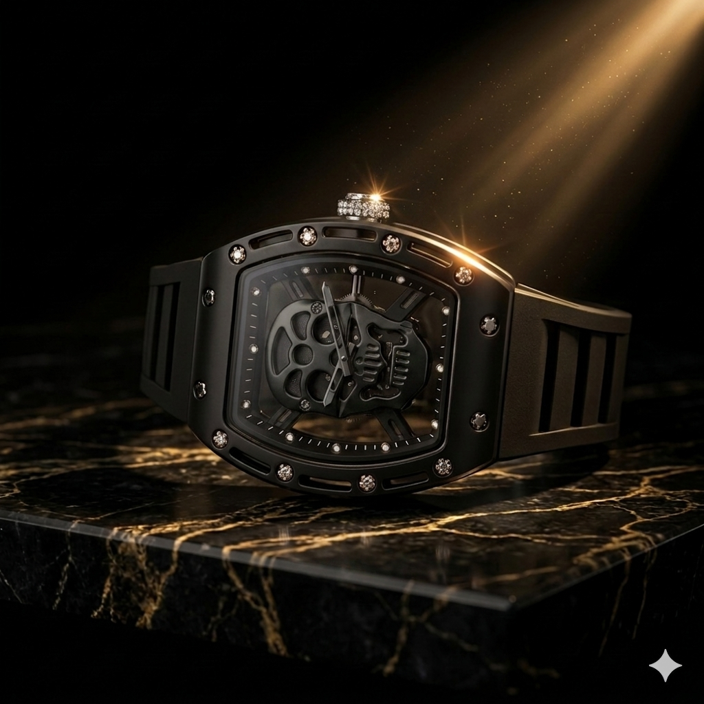 Skull Skeleton Matte Sport Watch – Luxury Metal Tonneau Style Wristwatch with Silicone Strap