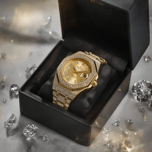 Luxury Iced-Out Gold Watch for Men & Women | Diamond-Studded Crystal Bezel & Bracelet | Quartz Movement | Unisex Designer Style | Perfect Gift Elite Vibe