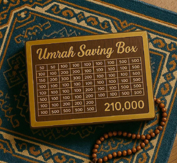 Wooden Umrah Saving Box – Premium 210,000 Goal Money Box Elite Vibe