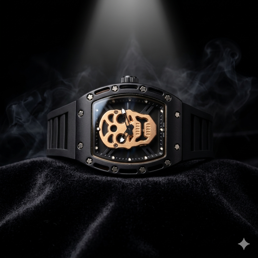 Skull Skeleton Matte Sport Watch – Luxury Metal Tonneau Style Wristwatch with Silicone Strap