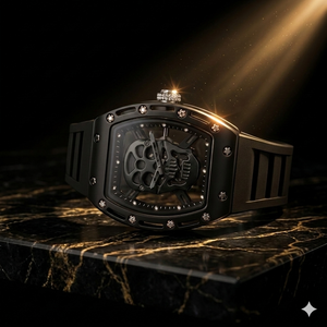 "Tonneau-style black metal watch featuring skeleton skull dial and sport design"