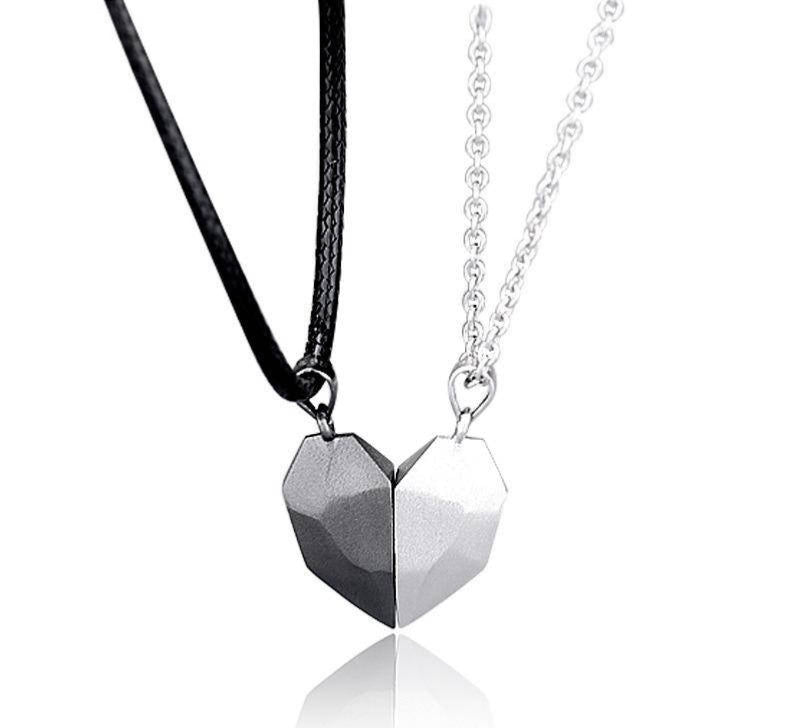 Magnetic Heart Couple Necklace Set — Silver & Black Stainless Steel Pendant | His & Hers Matching Jewelry Elite Vibe