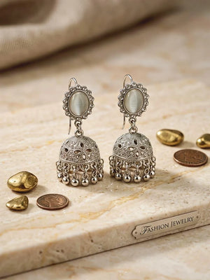 Silver Jhumka Earrings — Traditional Crystal Stone Dome Bell Drop | Oxidized Silver Plated | Women's Fashion Jewelry Elite Vibe