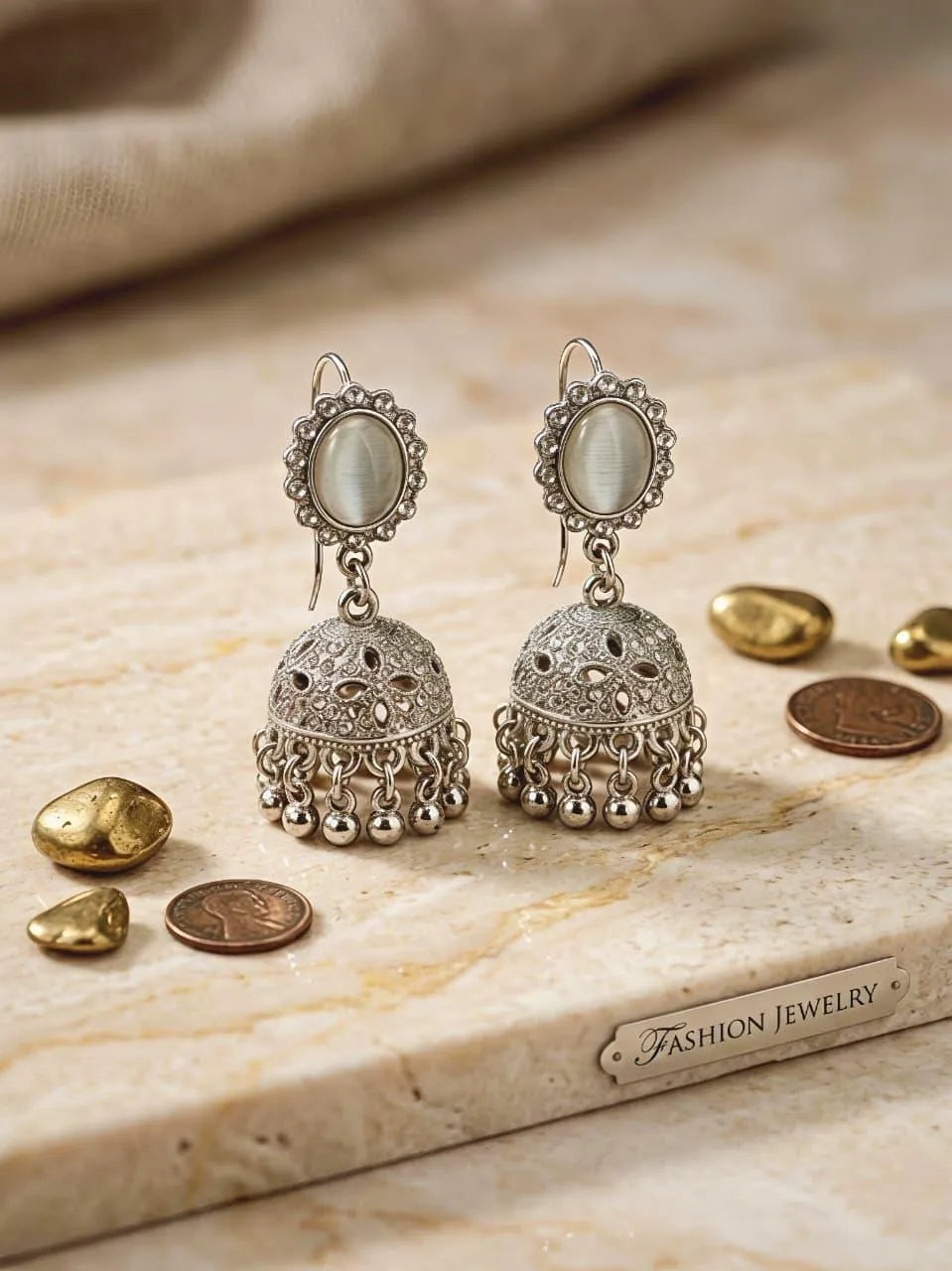 Silver Jhumka Earrings — Traditional Crystal Stone Dome Bell Drop | Oxidized Silver Plated | Women's Fashion Jewelry Elite Vibe