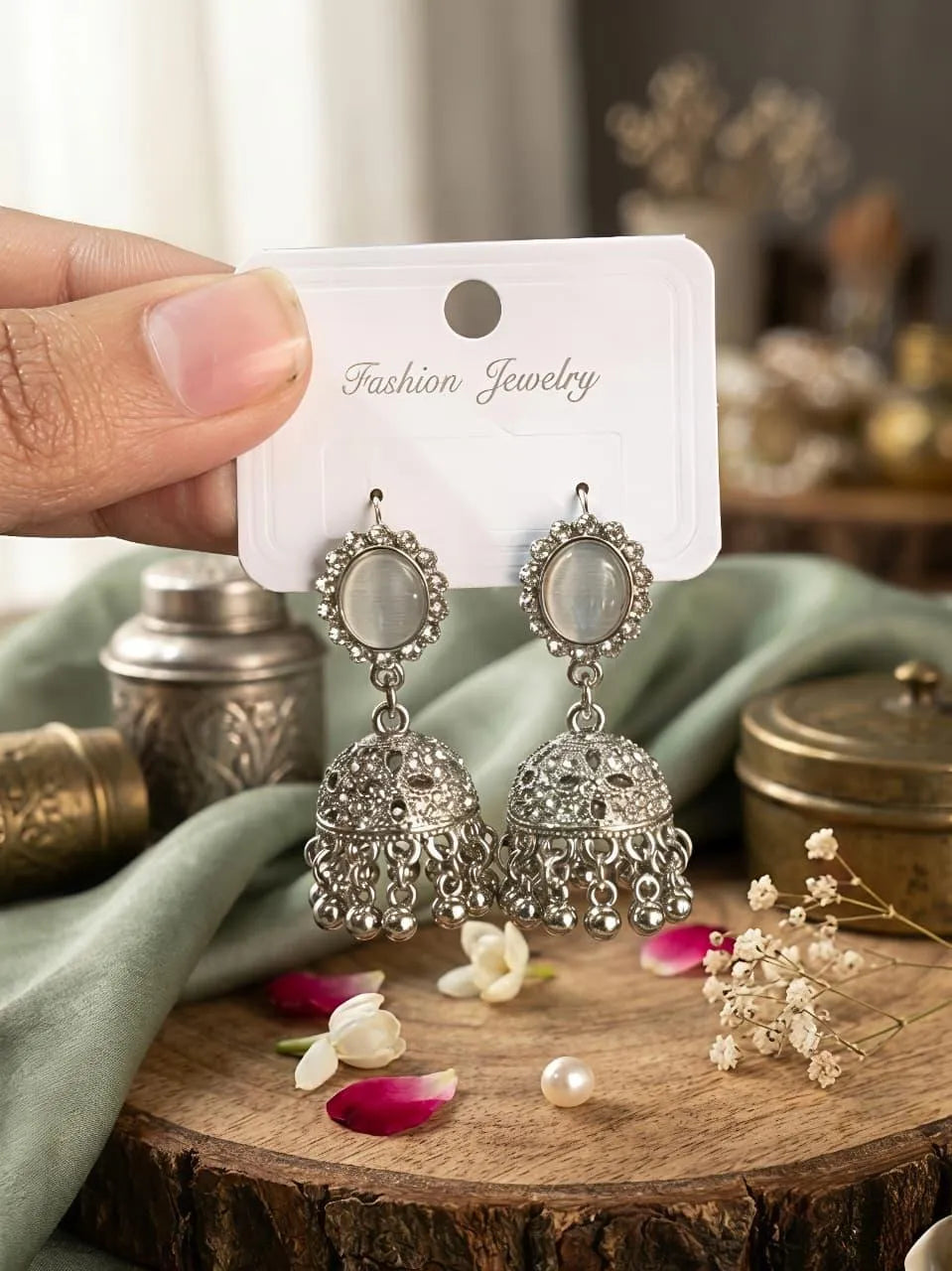 Silver Jhumka Earrings — Traditional Crystal Stone Dome Bell Drop | Oxidized Silver Plated | Women's Fashion Jewelry Elite Vibe