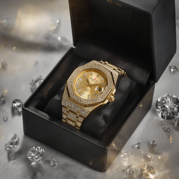 Luxury Iced-Out Gold Watch for Men & Women | Diamond-Studded Crystal Bezel & Bracelet | Quartz Movement | Unisex Designer Style | Perfect Gift Elite Vibe
