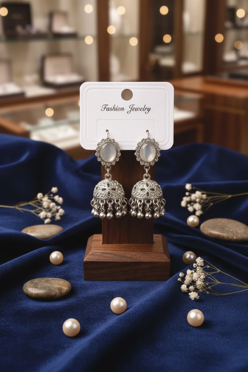 Silver Jhumka Earrings — Traditional Crystal Stone Dome Bell Drop | Oxidized Silver Plated | Women's Fashion Jewelry Elite Vibe